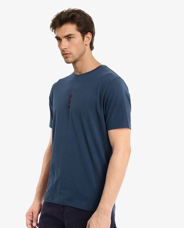 Rare Rabbit Men Miam Petrol Cotton Lycra Fabric Short Sleeve Crew Neck Regular Fit Flock Printed Crown T-Shirt