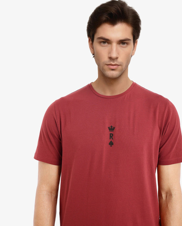 Rare Rabbit Men Miam Red Cotton Lycra Fabric Short Sleeve Crew Neck Regular Fit Flock Printed Crown T-Shirt