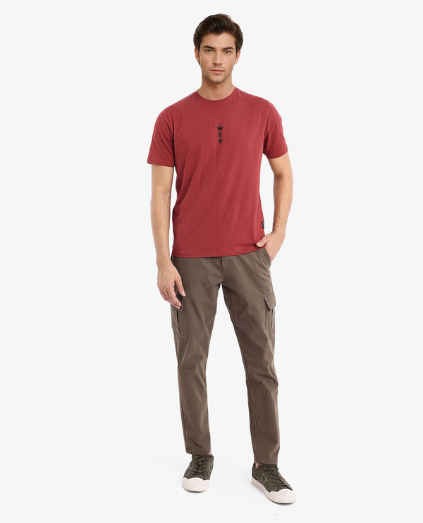 Rare Rabbit Men Miam Red Cotton Lycra Fabric Short Sleeve Crew Neck Regular Fit Flock Printed Crown T-Shirt