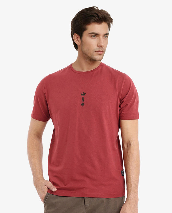 Rare Rabbit Men Miam Red Cotton Lycra Fabric Short Sleeve Crew Neck Regular Fit Flock Printed Crown T-Shirt