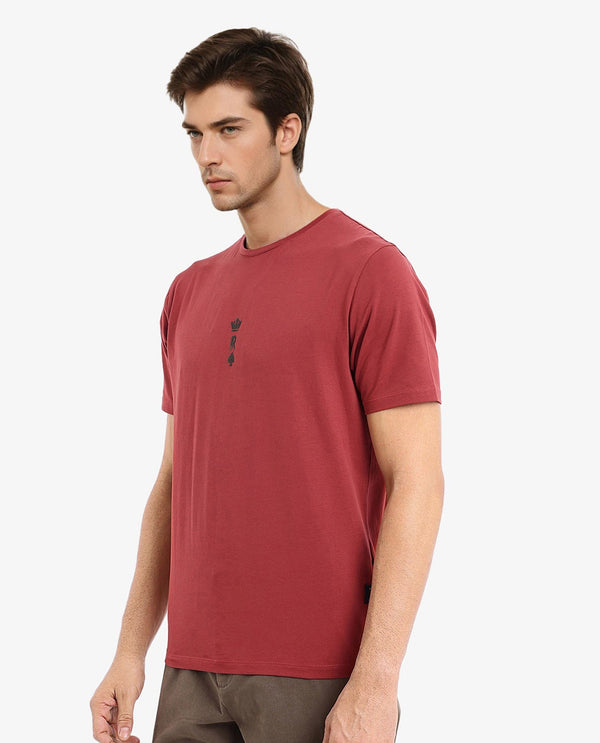 Rare Rabbit Men Miam Red Cotton Lycra Fabric Short Sleeve Crew Neck Regular Fit Flock Printed Crown T-Shirt