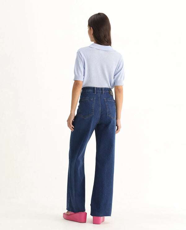 Rareism Women Miniko Dark Blue Cotton Elastane Fabric Solid Regular Length Jeans