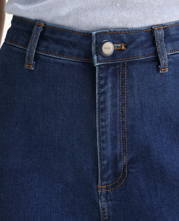 Rareism Women Miniko Dark Blue Cotton Elastane Fabric Solid Regular Length Jeans