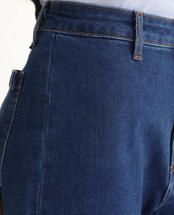 Rareism Women Miniko Dark Blue Cotton Elastane Fabric Solid Regular Length Jeans