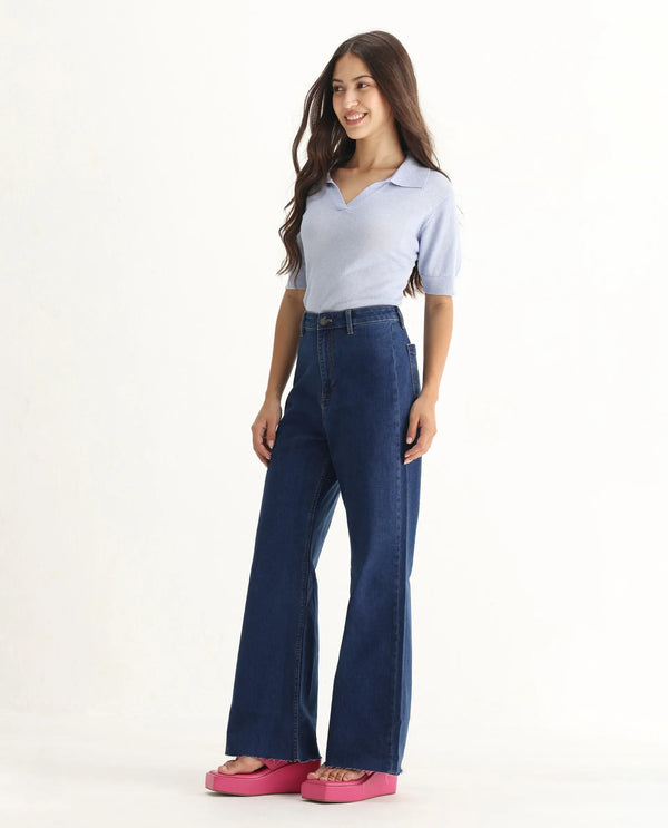 Rareism Women Miniko Dark Blue Cotton Elastane Fabric Solid Regular Length Jeans