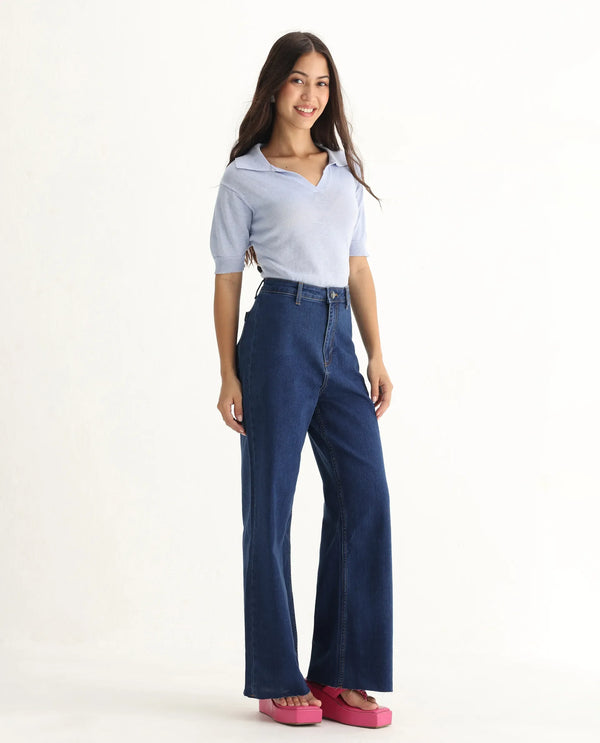 Rareism Women Miniko Dark Blue Cotton Elastane Fabric Solid Regular Length Jeans