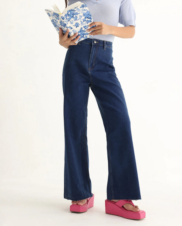 Rareism Women Miniko Dark Blue Cotton Elastane Fabric Solid Regular Length Jeans