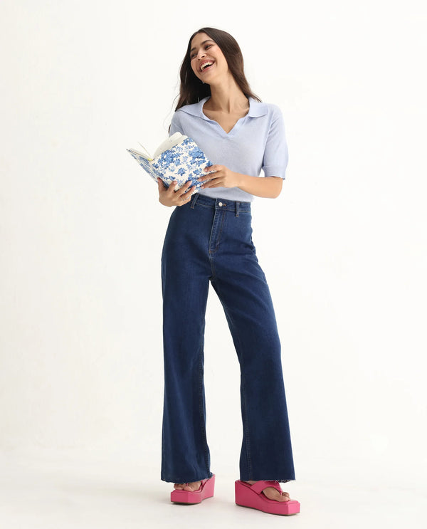Rareism Women Miniko Dark Blue Cotton Elastane Fabric Solid Regular Length Jeans