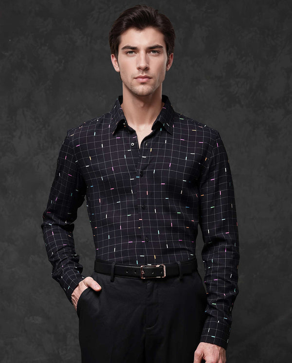 Rare Rabbit Mens Minor Black Viscose Fabric Full Sleeve Geometric Print Shirt