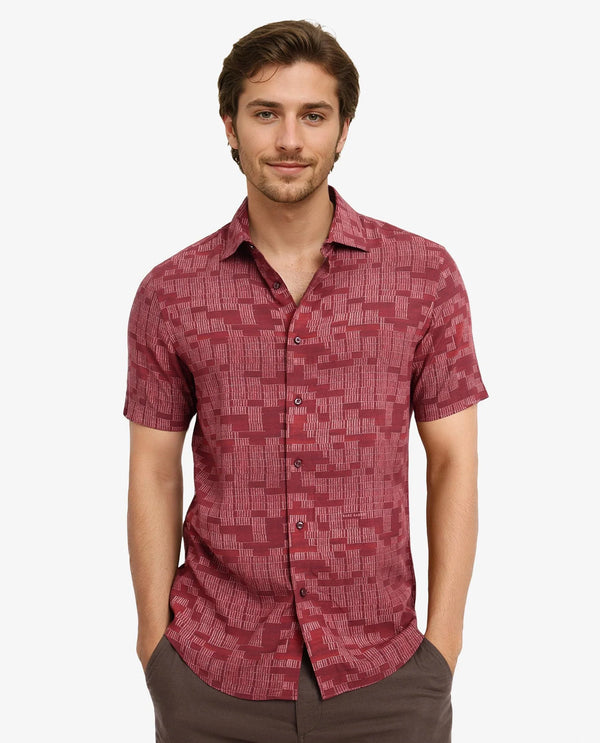 Rare Rabbit Men Mitho Red Half Sleeve Collared Neck Geometric Print Shirt