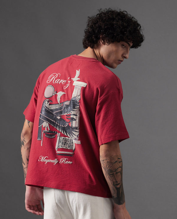 Rare Rabbit Men Molo Red Cotton Fabric Short Sleeve Crew Neck Oversized Fit Graphic Print T-Shirt