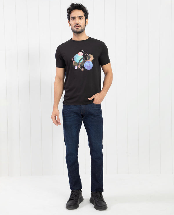 Rare Rabbit Men's Moreno Black Crew Neck Half Sleeves Regular Fit Graphic Print T-Shirt
