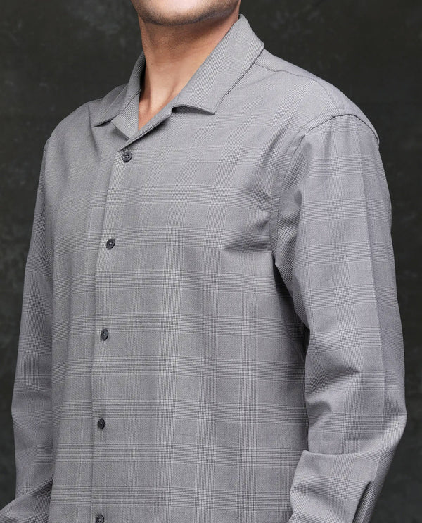 Rare Rabbit Men's Morst-T Dark Grey Polyster Blend Fabric Half Sleeve Cuban Collar Checked Shirt