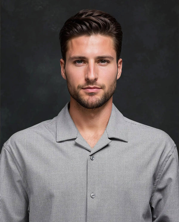 Rare Rabbit Men's Morst-T Dark Grey Polyster Blend Fabric Half Sleeve Cuban Collar Checked Shirt