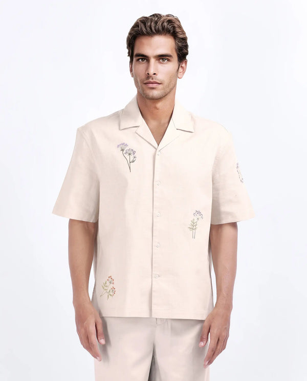Rare Rabbit Men Mouzon Off White Cotton Fabric Relaxed Fit Embroidered Shirt