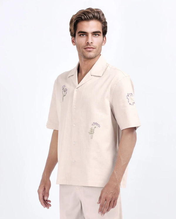 Rare Rabbit Men Mouzon Off White Cotton Fabric Relaxed Fit Embroidered Shirt