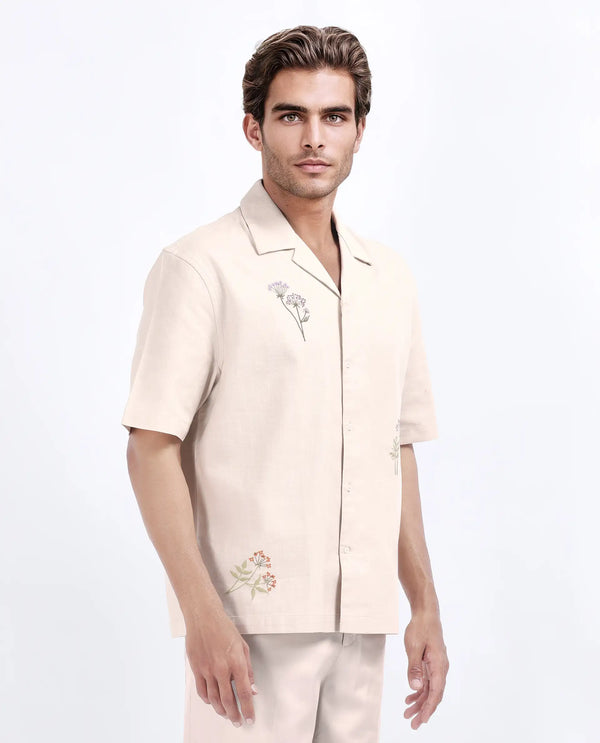 Rare Rabbit Men Mouzon Off White Cotton Fabric Relaxed Fit Embroidered Shirt