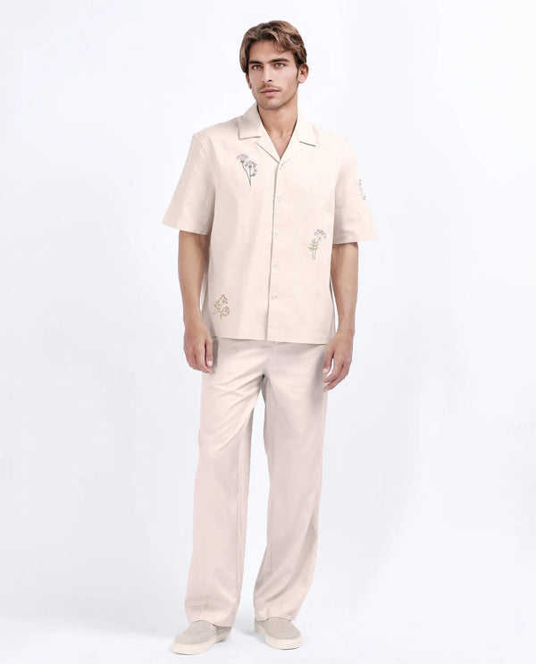 Rare Rabbit Men Mouzon Off White Cotton Fabric Relaxed Fit Embroidered Shirt
