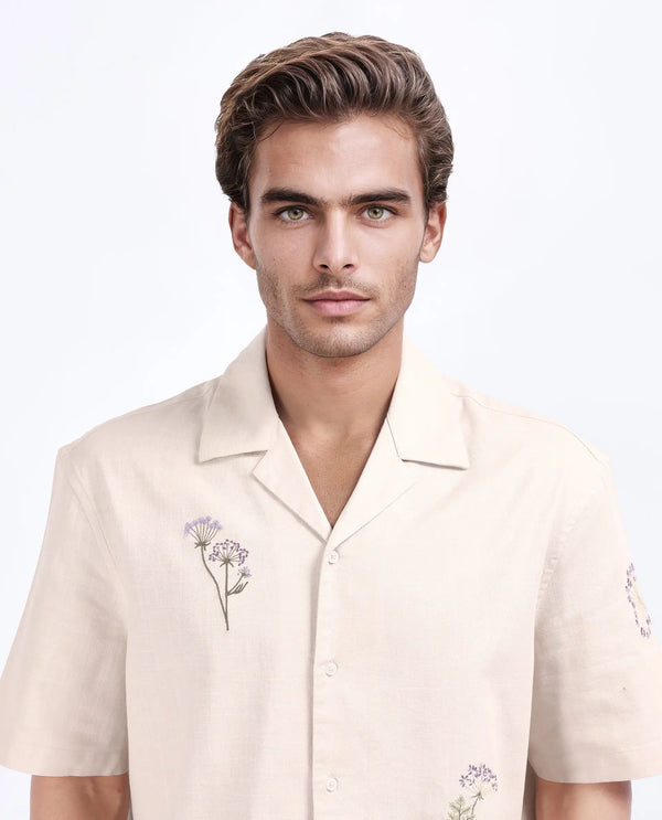 Rare Rabbit Men Mouzon Off White Cotton Fabric Relaxed Fit Embroidered Shirt