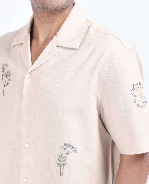 Rare Rabbit Men Mouzon Off White Cotton Fabric Relaxed Fit Embroidered Shirt