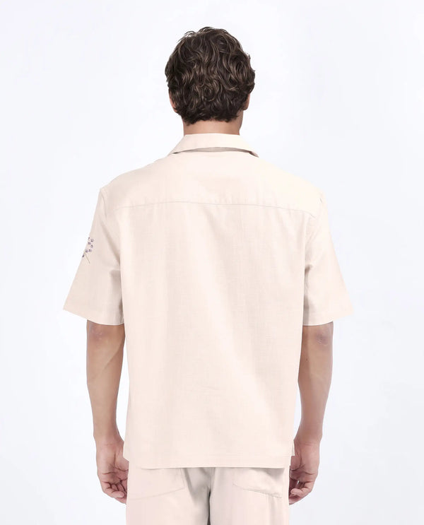 Rare Rabbit Men Mouzon Off White Cotton Fabric Relaxed Fit Embroidered Shirt