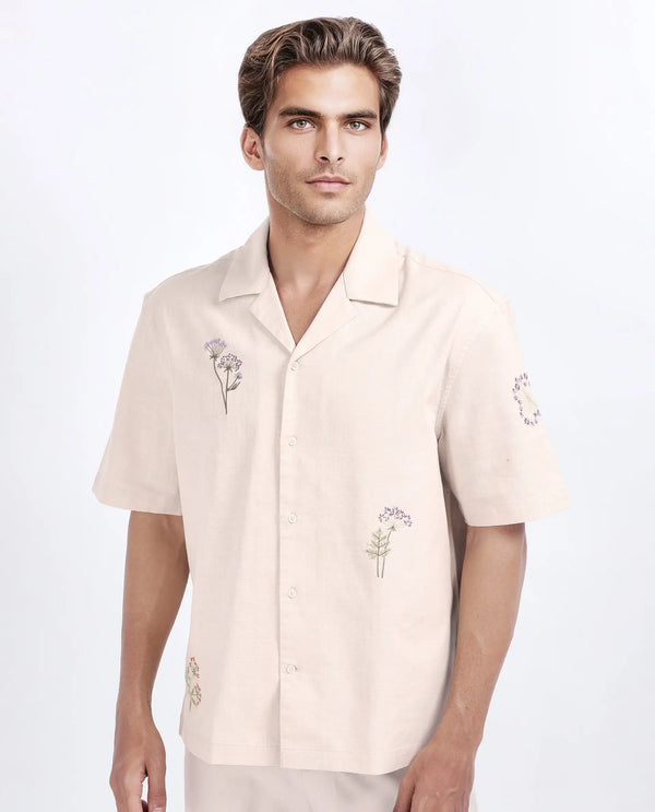 Rare Rabbit Men Mouzon Off White Cotton Fabric Relaxed Fit Embroidered Shirt