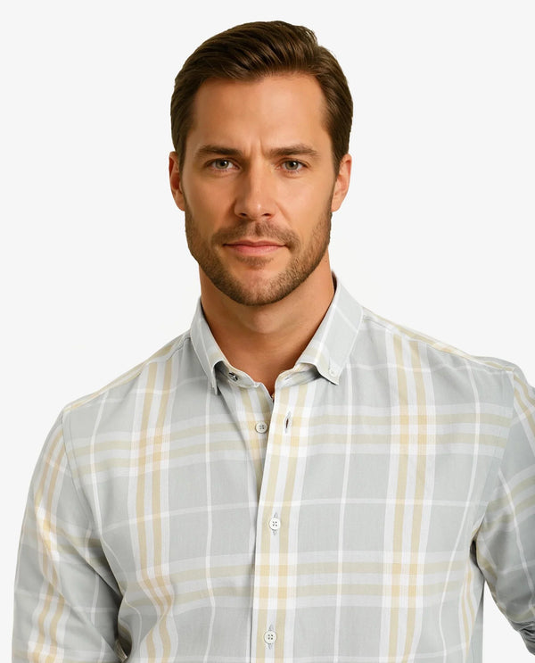 Rare Rabbit Men's Muz Light Grey Cotton Fabric Full Sleeve Collared Regular Fit Checked Shirt