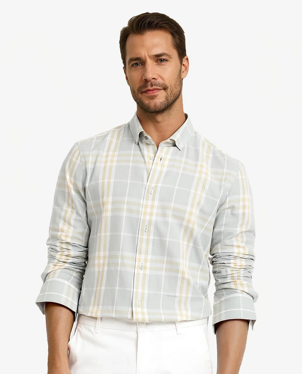 Rare Rabbit Men's Muz Light Grey Cotton Fabric Full Sleeve Collared Regular Fit Checked Shirt