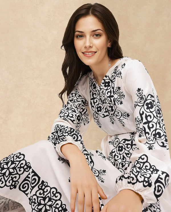 Rareism Women Myra Off White Cotton Fabric Full Sleeve V-Neck Floral Print A-Line Longline Dress