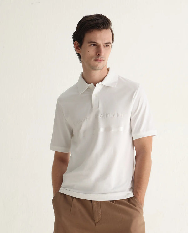 Rare Rabbit Men Nellit White Cotton Blend Fabric Blue Short Sleeve Regular Collar HD Print Branding Polo