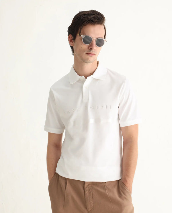 Rare Rabbit Men Nellit White Cotton Blend Fabric Blue Short Sleeve Regular Collar HD Print Branding Polo