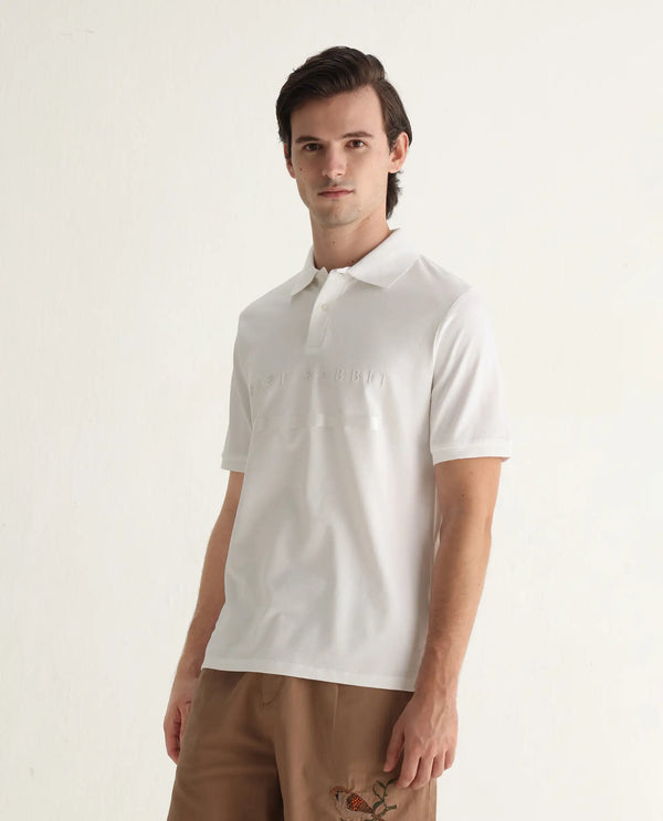 Rare Rabbit Men Nellit White Cotton Blend Fabric Blue Short Sleeve Regular Collar HD Print Branding Polo