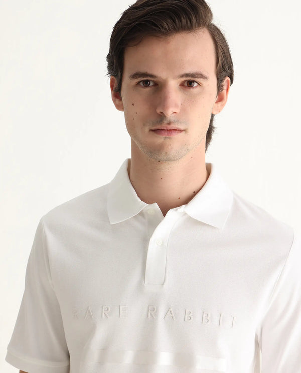 Rare Rabbit Men Nellit White Cotton Blend Fabric Blue Short Sleeve Regular Collar HD Print Branding Polo