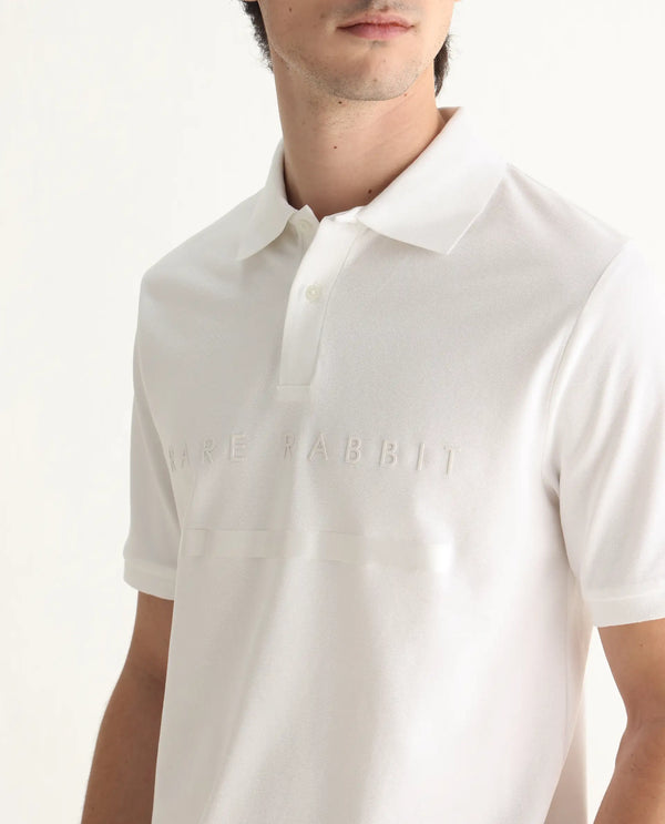 Rare Rabbit Men Nellit White Cotton Blend Fabric Blue Short Sleeve Regular Collar HD Print Branding Polo