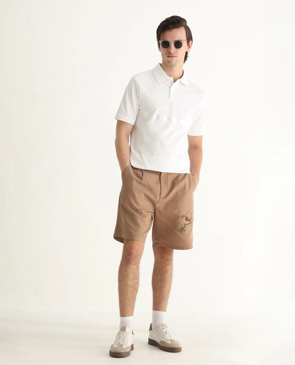 Rare Rabbit Men Nellit White Cotton Blend Fabric Blue Short Sleeve Regular Collar HD Print Branding Polo