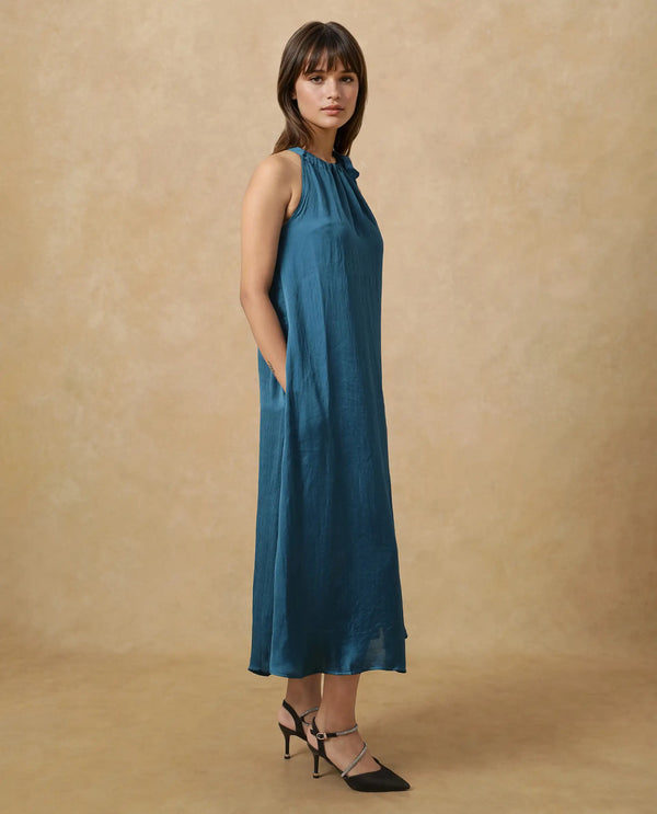 Rareism Women's Neoma Petrol  Halter Neck Tie-Up Closure Sleeveless Plain A-Line Midi Dress