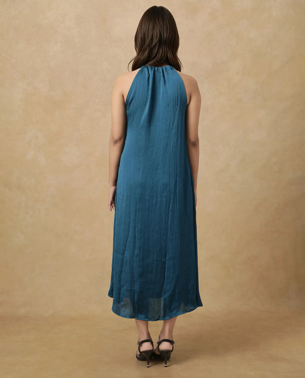Rareism Women's Neoma Petrol  Halter Neck Tie-Up Closure Sleeveless Plain A-Line Midi Dress