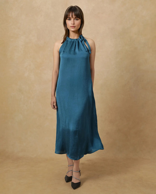 Rareism Women's Neoma Petrol  Halter Neck Tie-Up Closure Sleeveless Plain A-Line Midi Dress