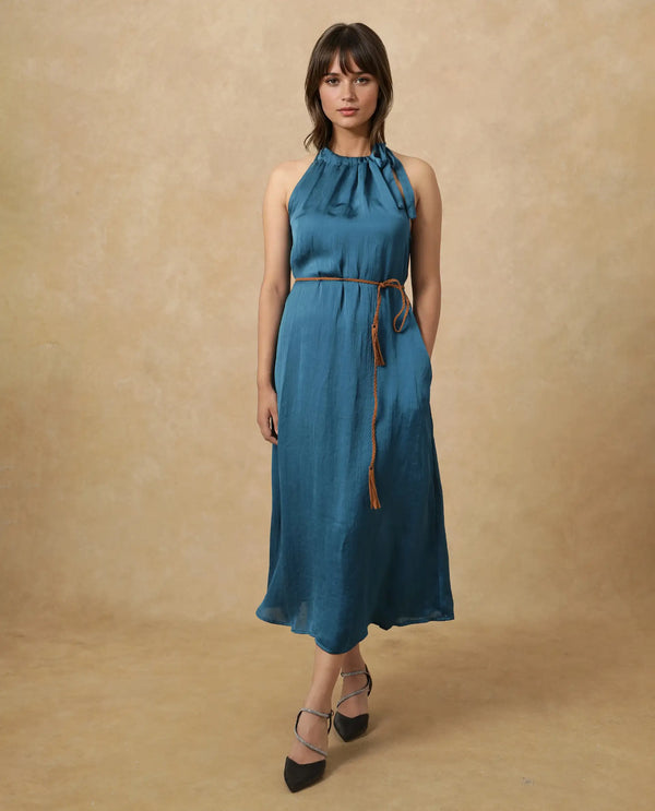 Rareism Women's Neoma Petrol  Halter Neck Tie-Up Closure Sleeveless Plain A-Line Midi Dress