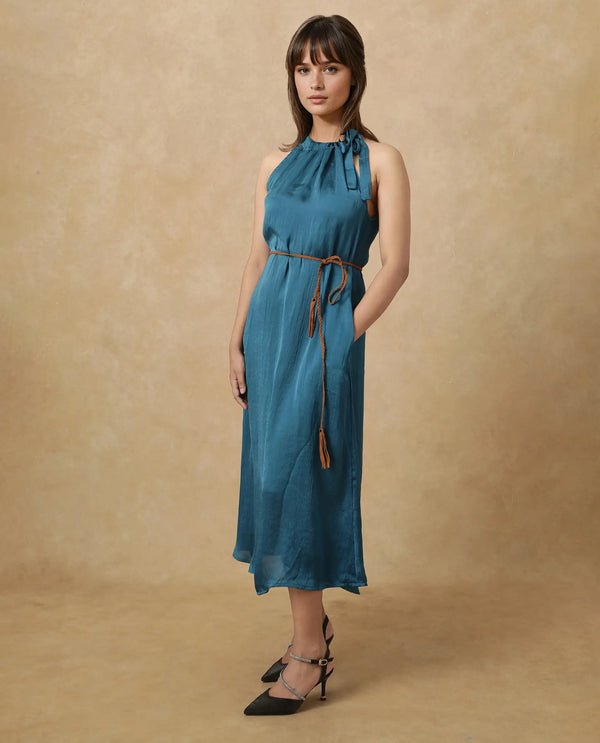 Rareism Women's Neoma Petrol  Halter Neck Tie-Up Closure Sleeveless Plain A-Line Midi Dress
