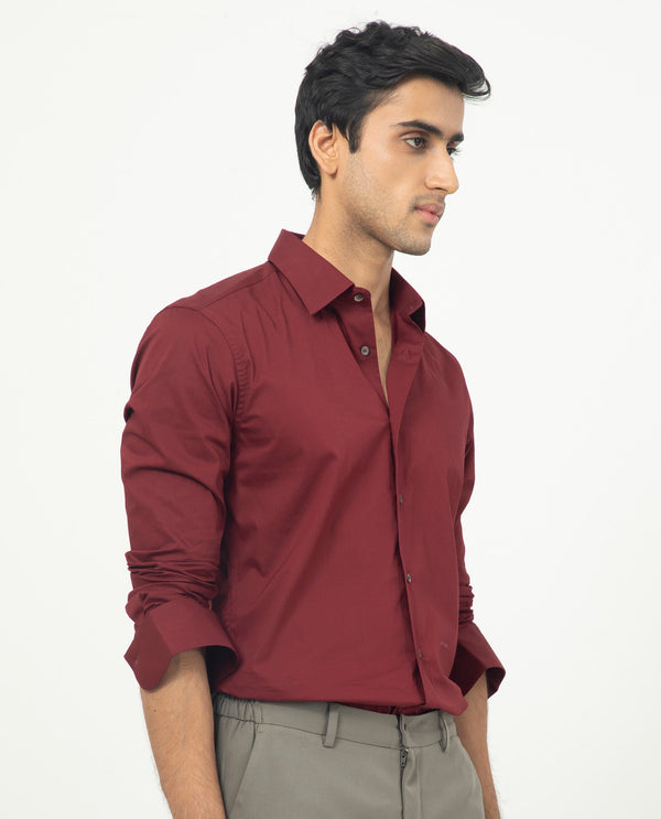 Rare Rabbit Men's Neutons Maroon Cotton Lycra Fabric Full Sleeves Solid Shirt