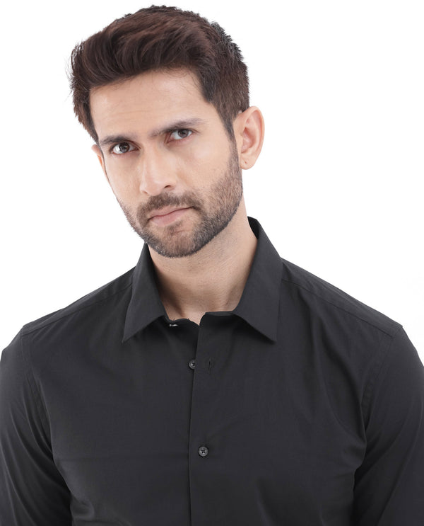 Rare Rabbit Men's Neutron-8 Black Cotton Polyester Fabric Full Sleeves Solid Shirt