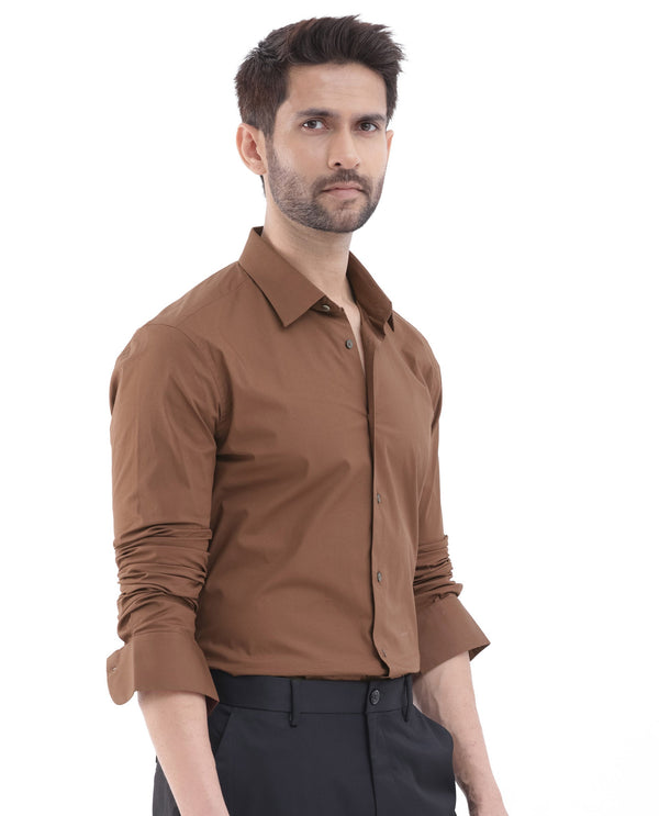 Rare Rabbit Men's Neutron-8 Brown Cotton Polyester Fabric Full Sleeves Solid Shirt