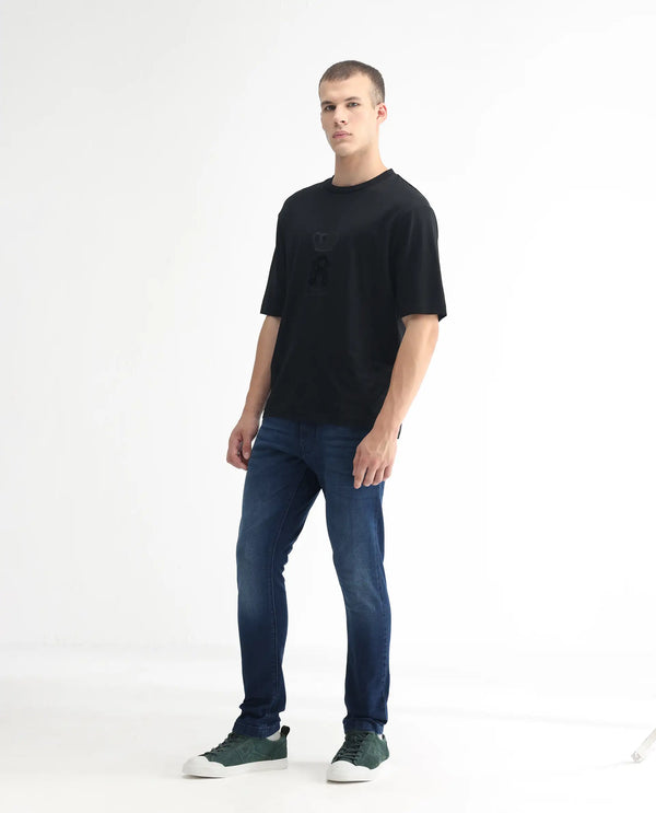 Rare Rabbit Men's Night Blue Mid Wash Mid Rise Slim Fit Jeans