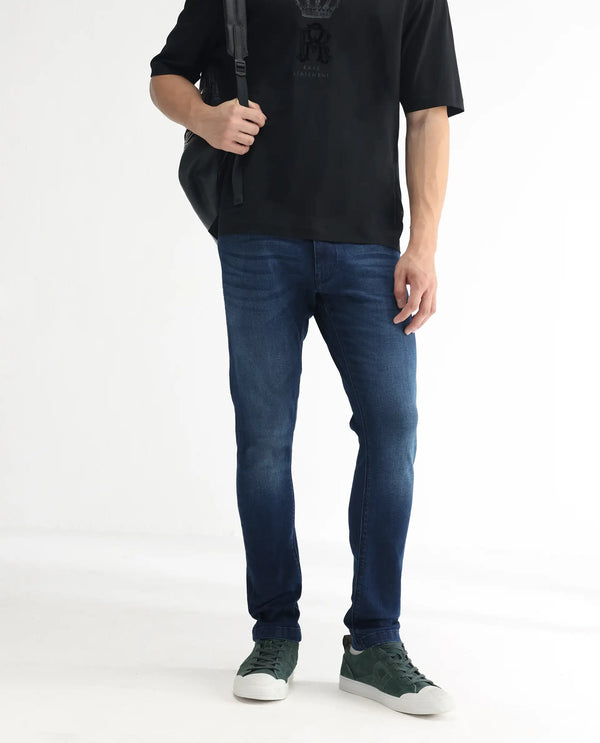 Rare Rabbit Men's Night Blue Mid Wash Mid Rise Slim Fit Jeans
