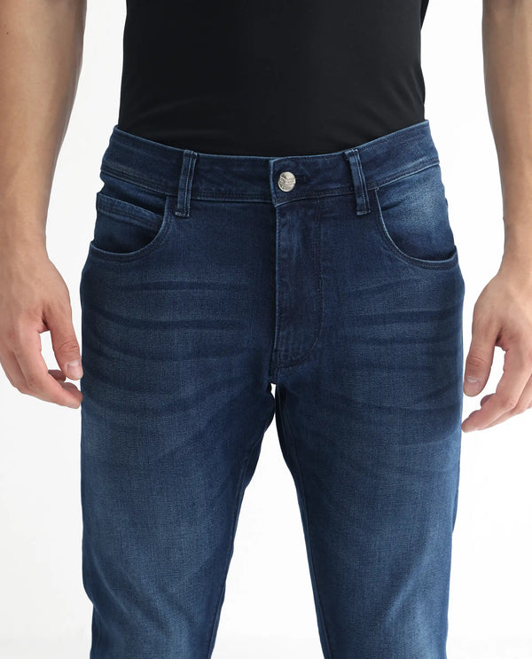 Rare Rabbit Men's Night Blue Mid Wash Mid Rise Slim Fit Jeans