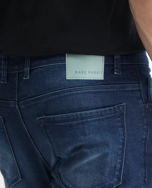 Rare Rabbit Men's Night Blue Mid Wash Mid Rise Slim Fit Jeans