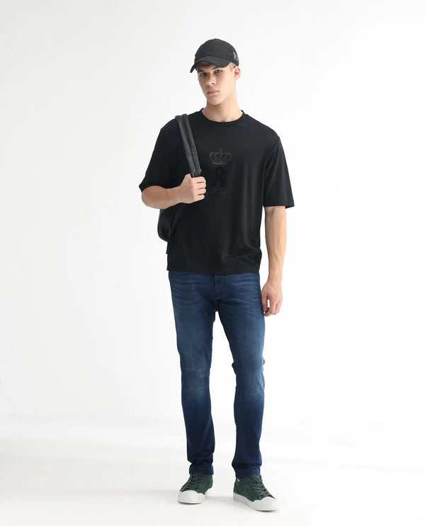 Rare Rabbit Men's Night Blue Mid Wash Mid Rise Slim Fit Jeans