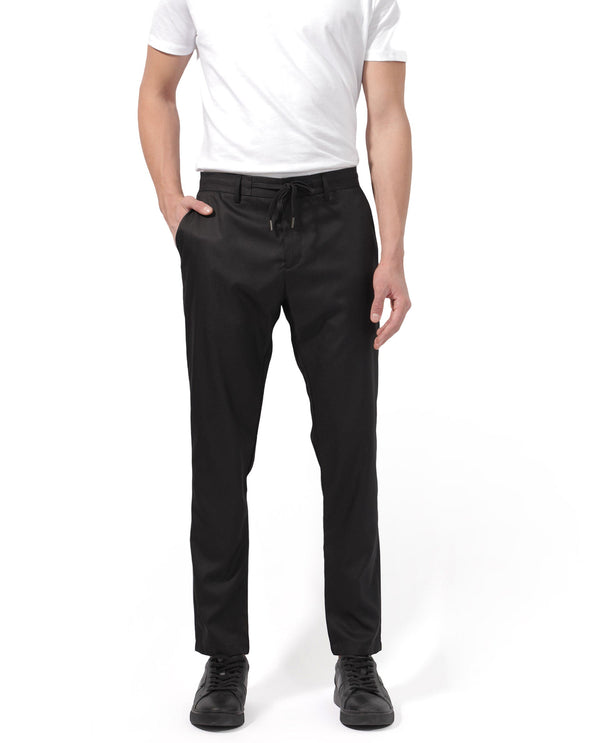 Rare Rabbit Men's Nimb Black Polyester Fabric Drawstring And Button Closure High Rise Regular Fit Solid Trousers