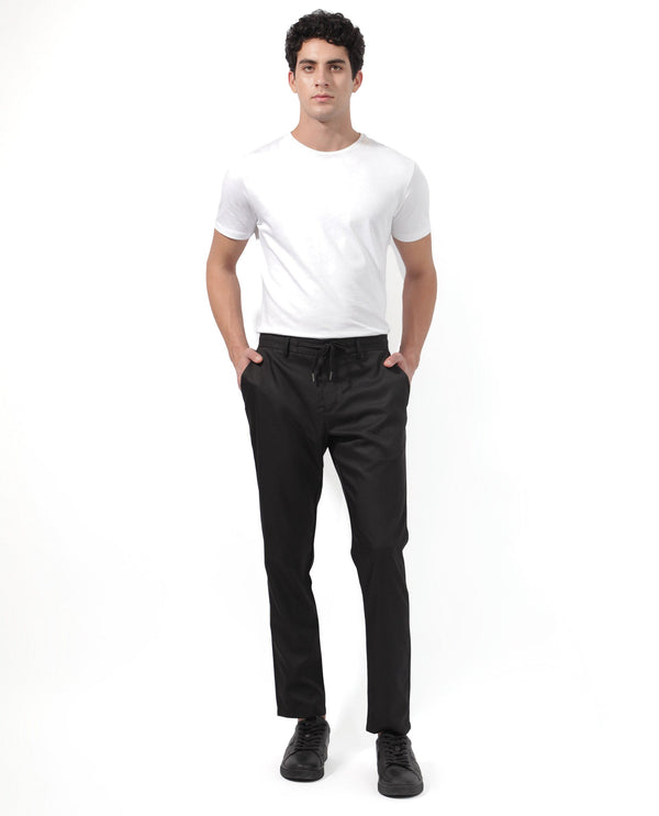 Rare Rabbit Men's Nimb Black Polyester Fabric Drawstring And Button Closure High Rise Regular Fit Solid Trousers